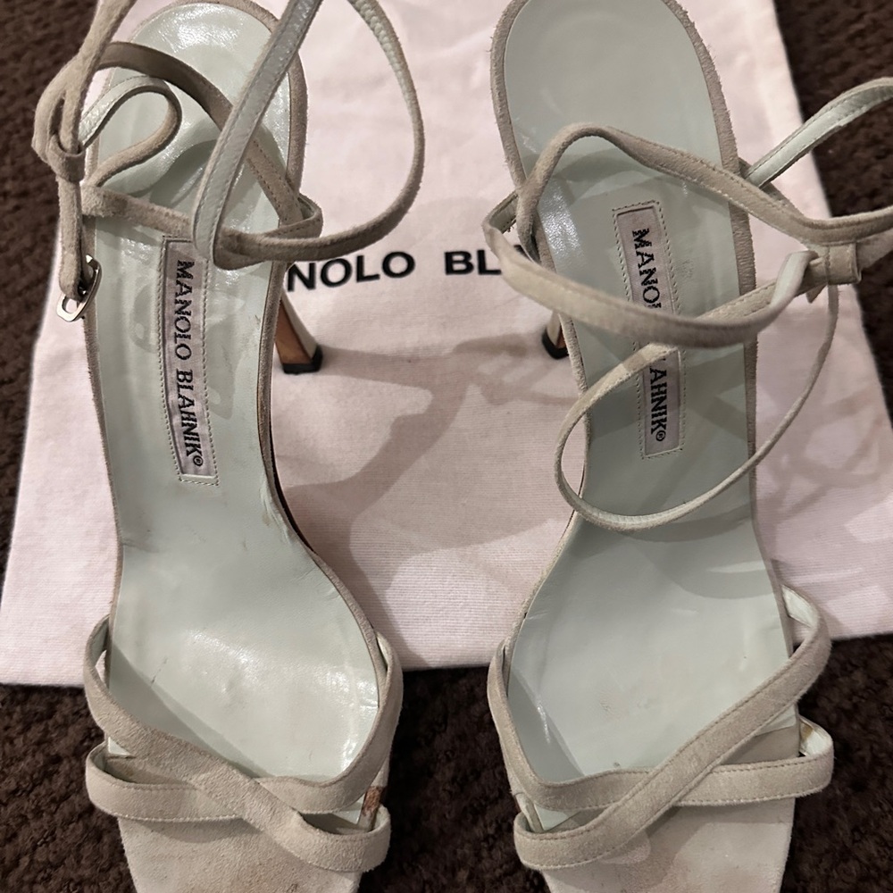 Manolo Blahnik Pistachio Suede Heels with Strappy Design and High Thin Heel